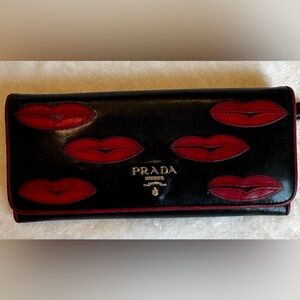 Prada Lips Wallet Black Red Leather Continental Zip Clutch